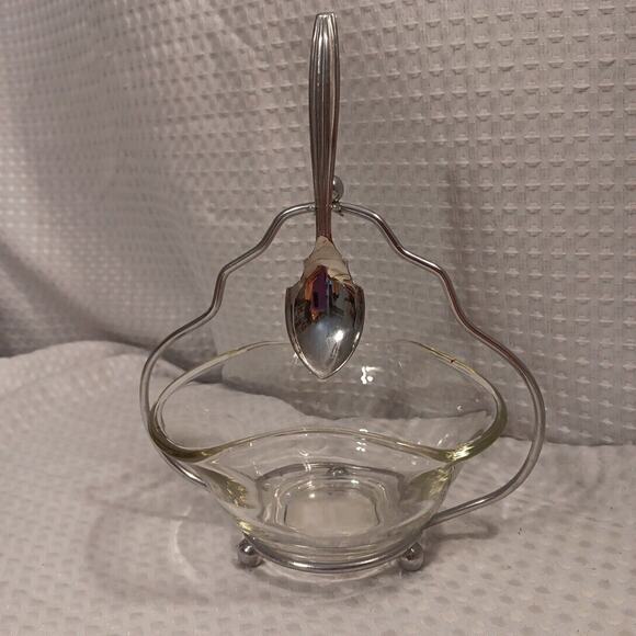 Sheffield England MCM Condiment Glass Bowl & Spoon on Caddy Silver Plate VTG - Picture 2 of 11